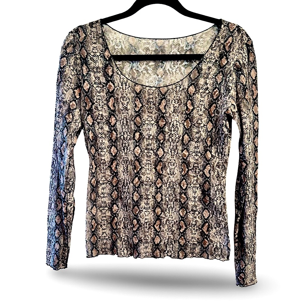 Snakeskin Print Mesh Long Sleeve Top
